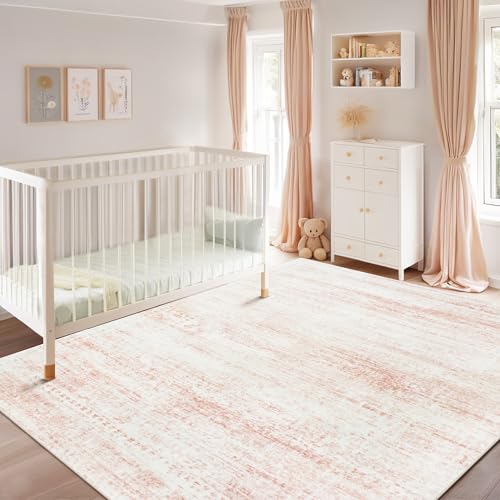 Pink Washable Rugs 6x9 Area Rugs for Living Room,Bedroom,Nursery,Carpet | Non-Slip&Non-Shedding,Ultra Soft Faux Wool Nursery Rug for Baby Girl,Dorm Kids Playroom,Kids & Pet Friendly Vintage Carpets - color: Pink-white, size: 6' x 9' (Rectangular)