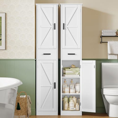 TEENFON 67 Tall Bathroom Cabinet with 6 Shelves & 1 Drawer, Narrow Storage Cabinet with Adjustable Shelves, Silm Cabinet for Living Room, Kitchen, White - color: White-2
