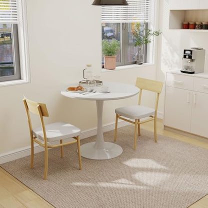 27.5" White Round Small Dining Table with MDF Top & Metal Pedestal Base | Fully Eco-Friendly Painted, Smooth Waterproof Surface, Modern Accent Table for Cafe & Home
