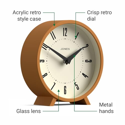JONES CLOCKS® Venus Desk Clock | Modern Round Design | Mustard Yellow | Stylish Retro Look for Shelf, Table, Mantel or Bedside - color: Mustard Yellow