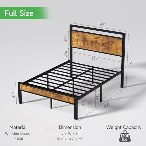 Z-hom Upgraded Full Size Bed Frame, Heavy Duty Metal Sturdy Full Bed Frame with Modern Wood Headboard & Footboard, Stable Platform Bed Furniture Bed Storage, No Noise, No Box Springs, Vintage Brown | Metal Platform Bed Frame with Underbed Storage Space,No