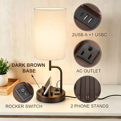 Dreamholder 2 Pack Table Lamp, Bedside Lamp with 3 USB Charging Ports & AC Outlet, USB Desk Lamp with 2 Phone Holders, Linen Fabric Shade Nightstand Lamps for Bedroom Living Room Office, Dark Brown - color: Dark Brown