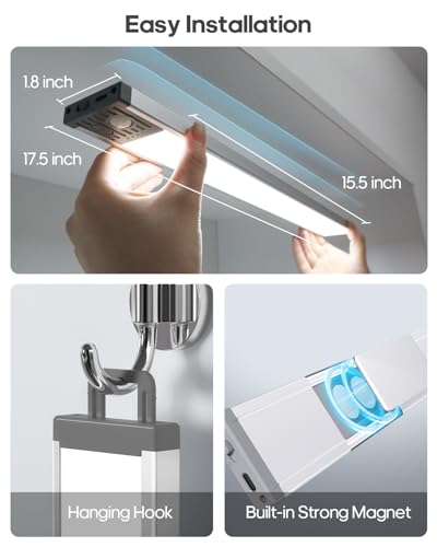 17.5inch Under Cabinet Lighting, 4500Mah Motion Sensor Light Indoor, 1 Pack | Rechargeable Battery Operated Under Cabinet Lights, 3Color Temps, Dimming, Wireless, Under Counter Light for Kitchen, Closet