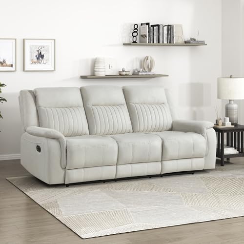 Lexicon Polished Microfiber Wall Hugger Manual Double Reclining Sofa, Beige | 86"W Upholstered 3 Seater Manual Sofa Recliner for Living Room/Apartment, Tool Free Assembly - color: Beige, size: Reclining Sofa