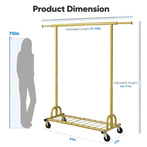 HOKEEPER Clothing Rack Gold Clothes Rack Heavy Duty Garment Rack for Hanging Clothes 525LBS Commercial Clothing Racks with Wheels for Bedroom, Laundry, Balcony, Living Room 22" D x 75" W x 71" H | Adjustable Garment Rack Easy Assemble Commercial Clothing