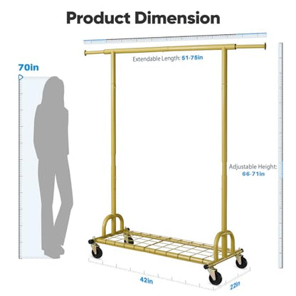 HOKEEPER Clothing Rack Gold Clothes Rack Heavy Duty Garment Rack for Hanging Clothes 525LBS Commercial Clothing Racks with Wheels for Bedroom, Laundry, Balcony, Living Room 22" D x 75" W x 71" H | Adjustable Garment Rack Easy Assemble Commercial Clothing