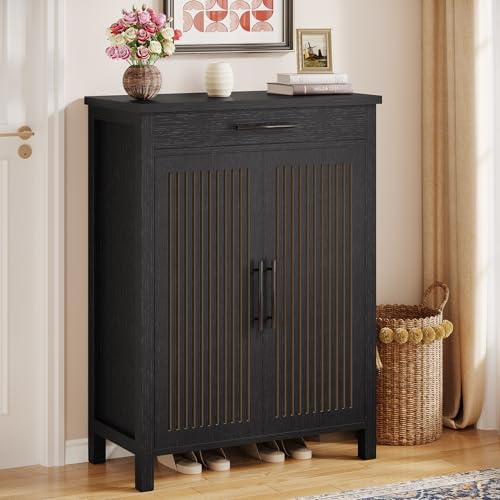 Tribesigns 5-Tier Shoe Storage Cabinet with Adjustable Shelves, Black | Louvered Doors and Drawer, Freestanding Wooden Shoe Rack, For Entryway, Hallway, Closet - color: Black