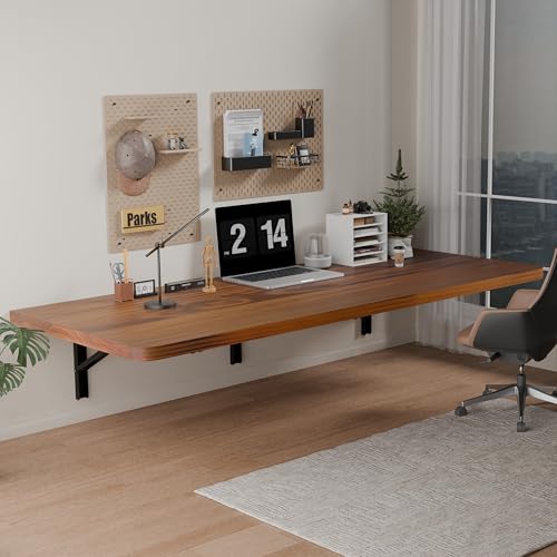 IAE Floating Wall Mounted Folding Table Desk with Pine Wood,55x22in, Teak | Foldable Workbench,Fold Down Wall Mounted Foldable Desk with Shelf Brackets,Laundry Folding Table for Home,Dining,Kitchen - color: Teak, size: 55*22*10 Inch