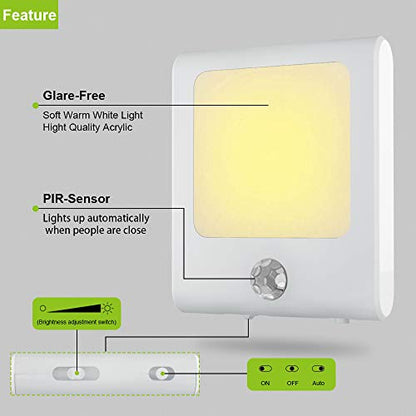 MAZ-TEK Plug in Motion Sensor Lights with Adjustable Brightness,Warm White Motion Activated Led Night Light for Hallway, Stair, Corridor, Kitchen, Living Room, Garage, Basement, Utility Room,2 Pack