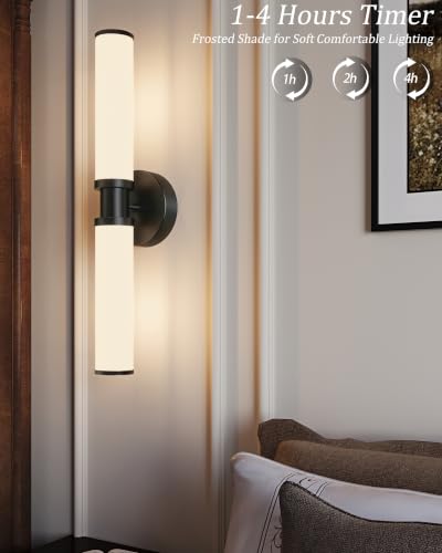 Rayogale Black Rechargeable Battery Operated Wall Sconces with Remote | White Glass Wireless Wall Lights Set of 2 with Timer Function Dimmable for Living Room Bedroom Emergency 3000K, 20.5 Inch - color: Black(White Lampshades)