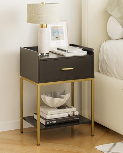 Masupu Nightstand,Bedside Table 3-Tier Modern Night Stand with Storage Drawer and Shelf,Small End Side Table for Bedroom,Living Room,Black (Without Outlet, Black) - color: Black