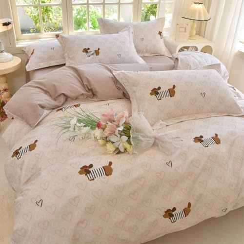 Dachshund Duvet Cover Queen Size Brown Dog Puppy White Pink Heart Reversible Comforter Cover Set 3 Pcs Kids Cute Soft Lightweight Microfiber Bedding Set with Zipper Closure and 2 Pillowcases - color: Dachshund Heart, size: Queen (1 Duvet Cover + 2 Pillowc