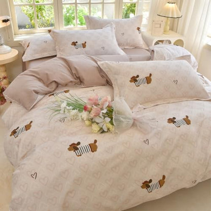 Dachshund Duvet Cover Queen Size Brown Dog Puppy White Pink Heart Reversible Comforter Cover Set 3 Pcs Kids Cute Soft Lightweight Microfiber Bedding Set with Zipper Closure and 2 Pillowcases - color: Dachshund Heart, size: Queen (1 Duvet Cover + 2 Pillowc