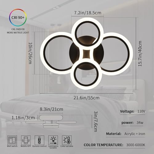 Shine LUEST 34W Modern LED Ceiling Light, 3000K-6000K Dimmable Ceiling Lighting Fixtures Ceiling Mount 4 Rings Black LED Chandelier Bedroom Lights Flush Mount with Remote for Kitchen, 2720LM - color: Black, 4 Rings
