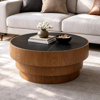 31.5" Round Black Sintered Stone Coffee Table, Mid-Century Modern Marble Coffee Table with Stable Wood Pedestal Base, Circle Drum Cocktail Center Tea Tables for Living Room Bedroom Apartment - color: Black