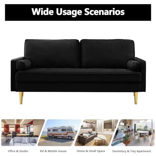 65" Love Seat Sofa, Velvet Small Sofa Small Couch for Bedroom Living Room, Bedroom, Loveseat with 2 Pillows, Gold Legs, Modern Tufted Seat Upholstered Seating for Office, Apartment (Black) - color: Black