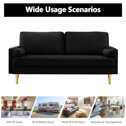 65" Love Seat Sofa, Velvet Small Sofa Small Couch for Bedroom Living Room, Bedroom, Loveseat with 2 Pillows, Gold Legs, Modern Tufted Seat Upholstered Seating for Office, Apartment (Black) - color: Black