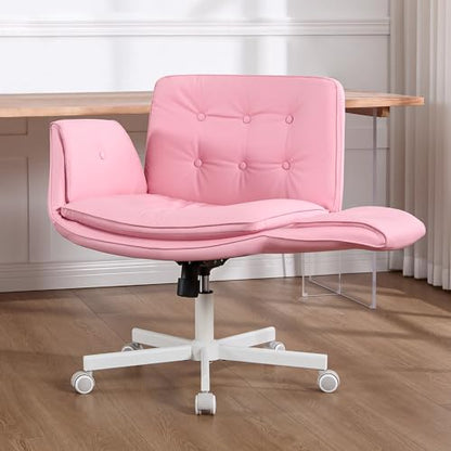 amseatec Criss Cross Office Chair, Swivel Makeup Vanity Chair with Wheels | Wide PU seat supports cross-legged, fidget-friendly sitting; 5-level armrests create pet space; wipe-clean finish eases care - color: Pink