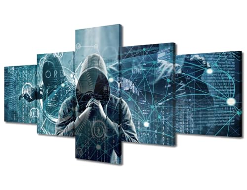 5 Piecess Hacker Network Technology Wall Art Hacker Wall Decor Cyber Attack Wall Decorations for Living Room, Bedroom, Bathroom, Office Framed Ready to Hang (50"Wx24"H) - color: Artwork-08, size: 50"Wx24"H