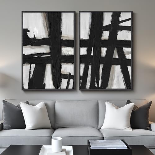 Large Framed Black White Abstract Wall Art for Living Room Set of 2, 24x36 | Black lines, Large size, Canvas prints, Modern paintings, Minimalist pictures, Black wood frame, Living room wall decor - color: Black Strokes, size: 24" W x 36" H x 2Pcs