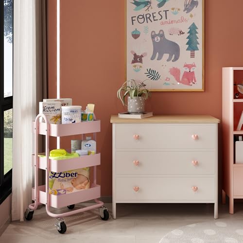 Metal Rolling Cart,3-Tier Pink Rolling Cart with Wheels,Metal Utility Cart with Wheels for Office,Home,Kitchen,Garden（13.4"x18.1"x31"） Pink - color: Pink, size: 31"H