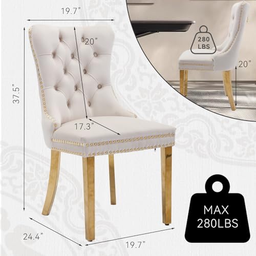 Velvet Upholstered Dining Chairs Set of 6, Modern Style Kitchen Side Chairs with Nailhead Trim and Gold Plated Leg, Metal Pulling Ring for Dining Room Living Room(Beige-Gold Plated Leg) - color: Beige-gold Plated Leg, size: Set of 6