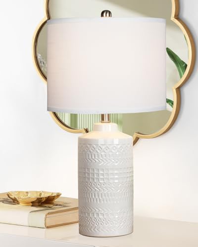 JUNNAI 24.5" White Ceramic Table Lamp 3-Way Dimmable Nightstand with White Linen Shade Bedside Lamp for Bedrooms & Living Room Office Reading(Bulb Included) - color: White