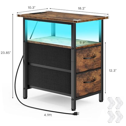 Set of 2 Nightstand with Charging Station and LED Lights, Narrow Side Table, LED Night Stand with 2 Fabric Drawers, Bedside Table Small End Table, Tall Nightstand for Bedroom, Rustic Brown - color: Rustic Brown, size: 2, style: With LEDs
