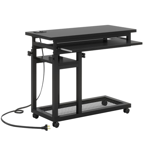 Tribesigns Small Portable Desk with Power Outlet, Height Adjustable Sofa Couch Bedside Laptop Table with Wheels, Mobile Standing Desk Rolling Computer Cart C Side Table with USB Ports - color: Black