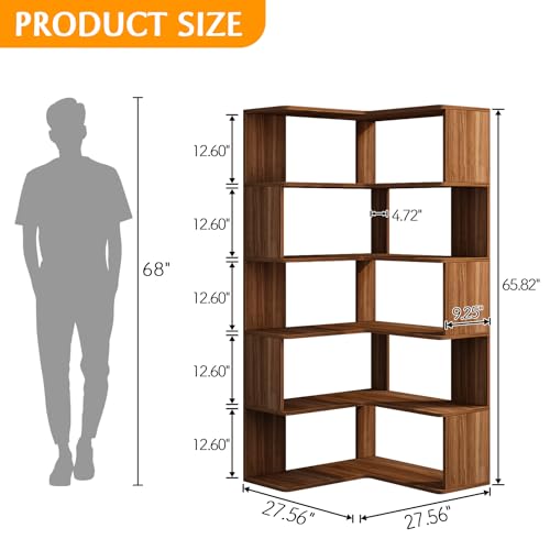 IOTXY 6-Tier L-Shaped Corner Bookshelf - 66" Tall Wooden Freestanding Bookcase with Open Shelf Units, Walnut - color: Walnut