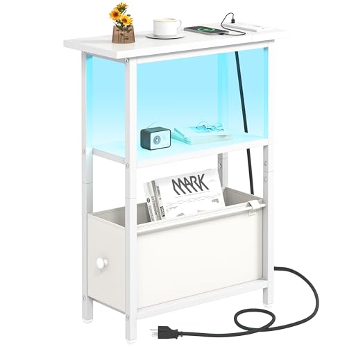 Narrow Side Table with Charging Station and LED Light, Skinny End Table for Small Spaces, Thin Sofa Side Table with 1 Fabric Drawer, Slim Nightstand for Living Room, Bedroom, White - color: White, style: Plug & LED