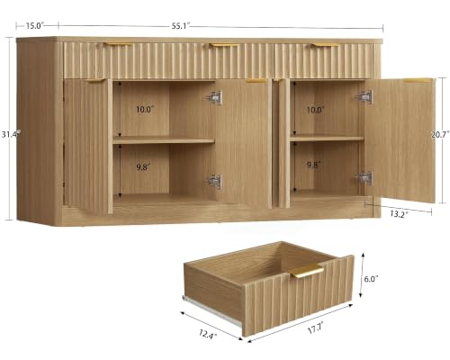 usikey 55" W Large Buffet Cabinet with Storage & Drawers, Sideboard Cabinet with 2 Adjustable Shelves & 4 Doors, Coffee Bar Station, Kitchen Storage Cabinets, Natural