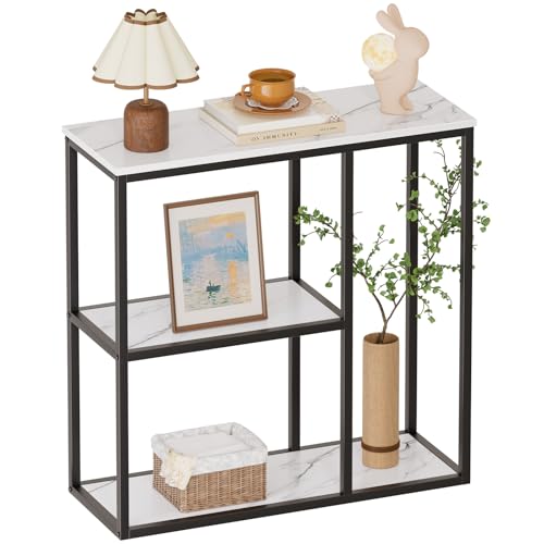 WOHOMO Console Table, 12 Inch Narrow Entryway Table for Living Room, 31.5 Inch Modern Industrial Sofa Table with 3-Tier Storage Shelves for Corridor, Hallway, White Marble | 12 Inch Narrow Console Table for Living Room, 31.5" Hallway Table for Corridor, w
