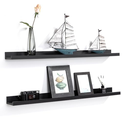 AZSKY Picture Ledge Shelf, Floating Shelves Set of 2, 48 Inches Picture Shelves for Wall with Ledge, Long Shelf Wall Mounted for Living Room Bedroom Decor Books Photo Frames - Black - color: Black, size: 48in set 2