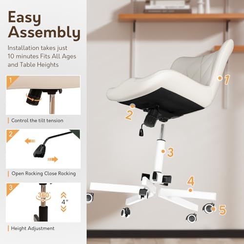 Armless Desk Chair, Morden Home Office Chair no Arms, Adjustable Height & Rocking Computer Chair, PU Leather Vanity Chair, Ergonomic Seat Soft Padded Desk Chairs for Home Small Space, White - color: White