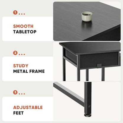 DUMOS 48-Inch Computer Desk with Drawers and Hook, Black | Home Office Desk for Bedroom, Gaming Writing Study Desk with Adjustable Feet - color: Black, size: 48-In