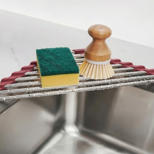 Tomorotec Triangle Roll Up Dish Drying Rack 304 Stainless Steel Wine Red | BPA-Free Food-Grade Silicone Edges Foldable Waterproof Rustproof Heavy-Duty Space Saver Heat Resistant to 550°F - color: Wine Red