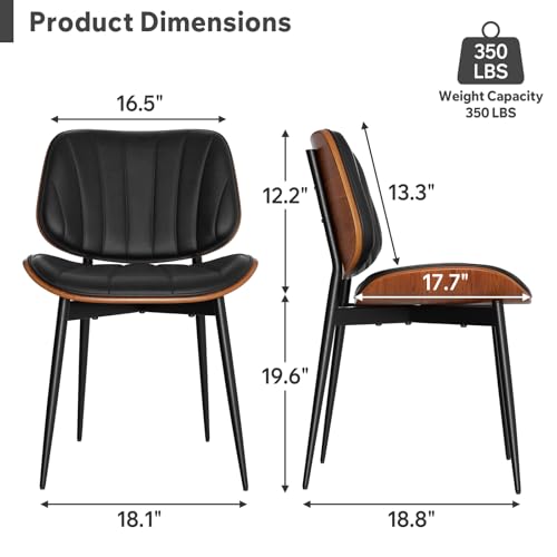 Dining Chairs Set of 2, Mid Century Modern Dining Room Chair, Upholstered Faux Leather Kitchen Chairs with Walnut Bentwood Back and Metal Legs for Kitchen Dining Room Living Room, Black - color: Black, size: Set of 2