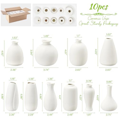 10pc Ceramic Bud Vases Set - White Small Flower Ceramic Vases | 2-3 Inch Mini Vases Boho & Modern Ceramic Vase Set for Table Décor, Wedding, Cute Vase Home Decor