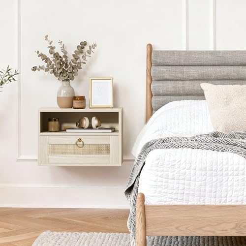 Floating Nightstand Set of 2 with Drawer for Wall Mounted Hanging Rattan Night Stand Bed Side Tables Wooden End Table Small Boho Dressers for Bedroom Farmhouse Shelves with Drawers