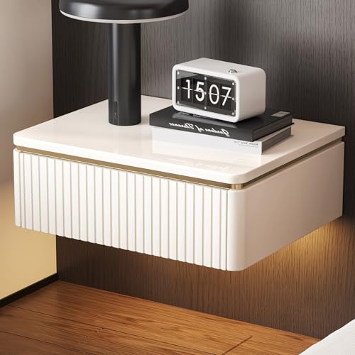 Guyii Floating Nightstand with LED Light, Cream White Wall-Mounted Bedside Table with Storage Drawer, Modern Small Night Stand for Bedroom, Home