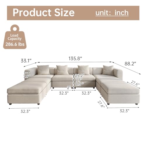 135.8" Velvet Sectional Sofa with 4 Pillows, Convertible U-Shaped Couch with Cushions Oversized 8 Seaters Sofa Couch with 4 Storage Ottoman for Living Room, Beige - size: 8 Seaters(With Ottoman)