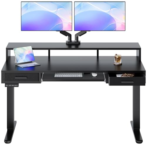 HUANUO 55″ x 26″ Electric Standing Desk with 2 Drawers &24.4″ Large Keyboard Tray, C-Clamp Mount Compatible, Adjustable Computer Desk for Office, Sit Stand Up Desk with 4 Height Presets, Black - color: Black, size: 55*26 inch