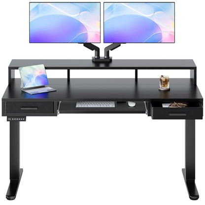 HUANUO 55″ x 26″ Electric Standing Desk with 2 Drawers &24.4″ Large Keyboard Tray, C-Clamp Mount Compatible, Adjustable Computer Desk for Office, Sit Stand Up Desk with 4 Height Presets, Black - color: Black, size: 55*26 inch