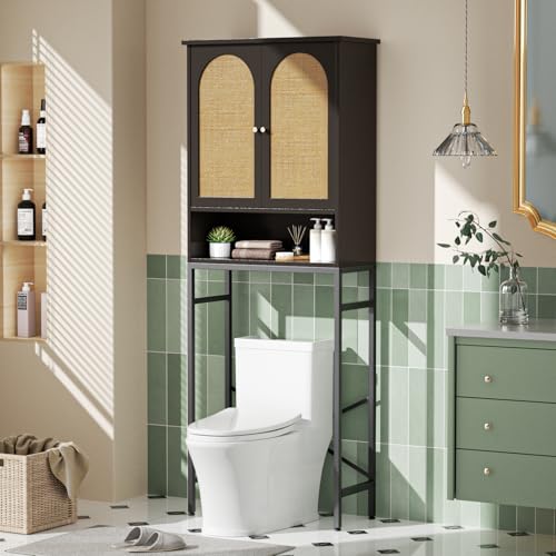 Rattan Toilet Storage Cabinet, Over The Rack Wood Cabinet with Metal Stand, Bathroom Organizer with Adjustable Shelf, Tall Freestanding Washer Shelf, Small Cupboard, Space Saver, Natural style, Black - color: Rattan Door-black