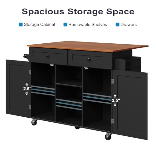 Furnify Kitchen Island with Wheels & Drawers, Kitchen Island Cart, Black | Rolling Kitchen Island with Drop Leaf, Mobile Kitchen Storage Cabinet with Towel Rack & Spice Rack for Dining Room, Kitchen