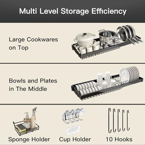 Over The Sink Dish Drying Rack, Extra Large Capacity Dish Drainer | 3 Tier Extra Large All Stainless Steel Expandable Plate Strainers, Rustproof Metal, Counter Space Saving, Modern Black - color: Black, style: Over Sink 3 Tier