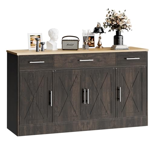 Kitchen Buffet Sideboard Cabinet, Farmhouse Storage Cabinet with 4 Doors and 3 Drawers, Wooden Base Cabinet with Adjustable Shelf for Living Room, Brown - color: Brown, size: 53.4 inch