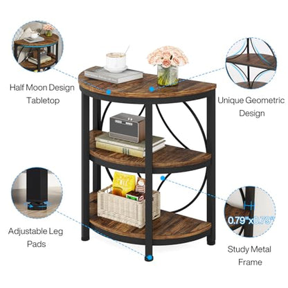 Tribesigns Half Round End Table for Living Room, 3-Tier Half Circle Side Table with Metal Frame, Industrial Half Moon Table, Half Coffee Accent Table Bedside Table for Bedroom, Brown - color: Rustic Brown