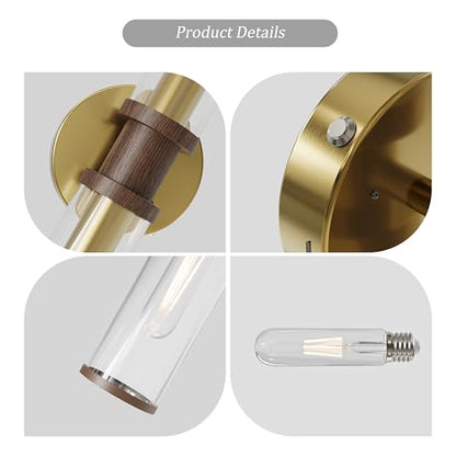 Rayogale Gold & Walnut Wireless Battery Operated Wall Sconces with Remote | Glass Rechargeable Wall Lights Set of 2 with Timer Function Dimmable for Living Room Bedroom Emergency 3000K, 20.5 Inch - color: Gold & Walnut(Clear Tubular Lampshade)